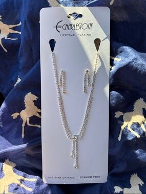 Brand New Austrian Crystal Necklace & Titanium Post Earring Set Silver Tone Prom